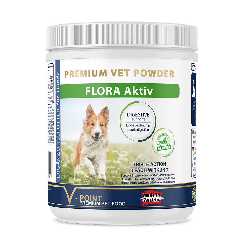 FLORA Aktiv kann als Futterergänzung bei Durchfall, Verstopfung und Koliken bei Hunden zusätzlich zur Schonkost helfen.