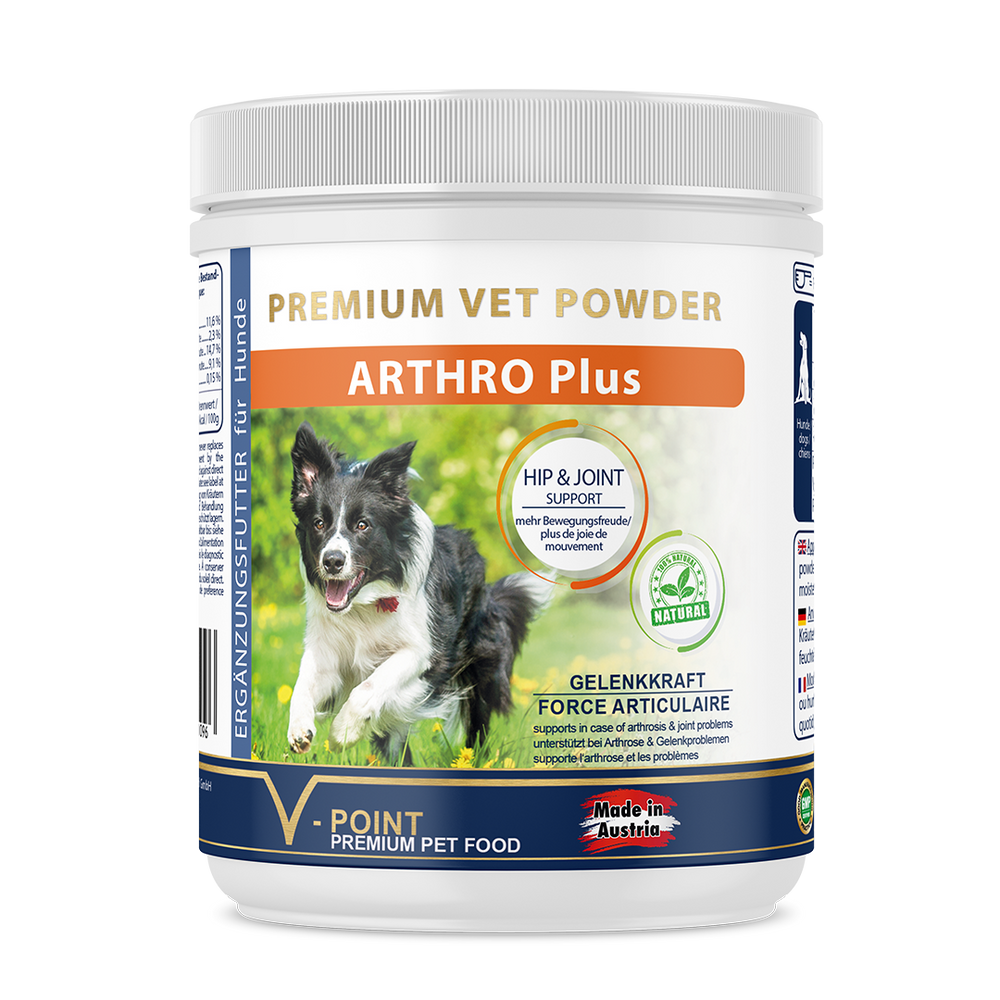 Das Kräuterpulver ARTHRO Plus wirkt als natürliches Schmerzmittel für Hunde mit Arthrose.