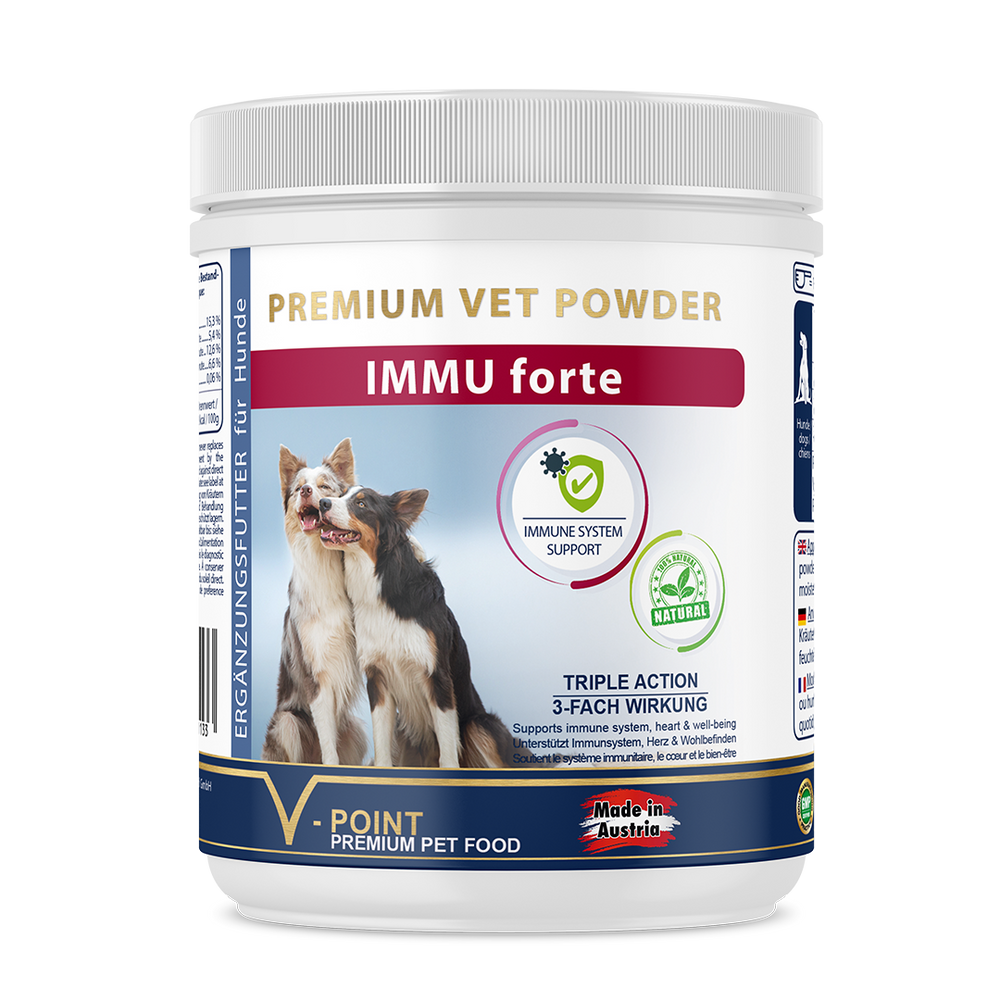 Das Kräuterpulver IMMU forte unterstützt das Immunsystem Ihres Senior Hundes bei Alterungsprozessen.