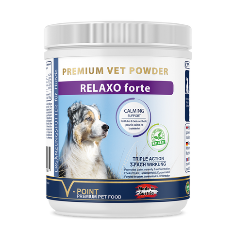 Mit dem Kräuterpulver RELAXO forte können Sie den Stress bei Ihrem Hund abbauen.